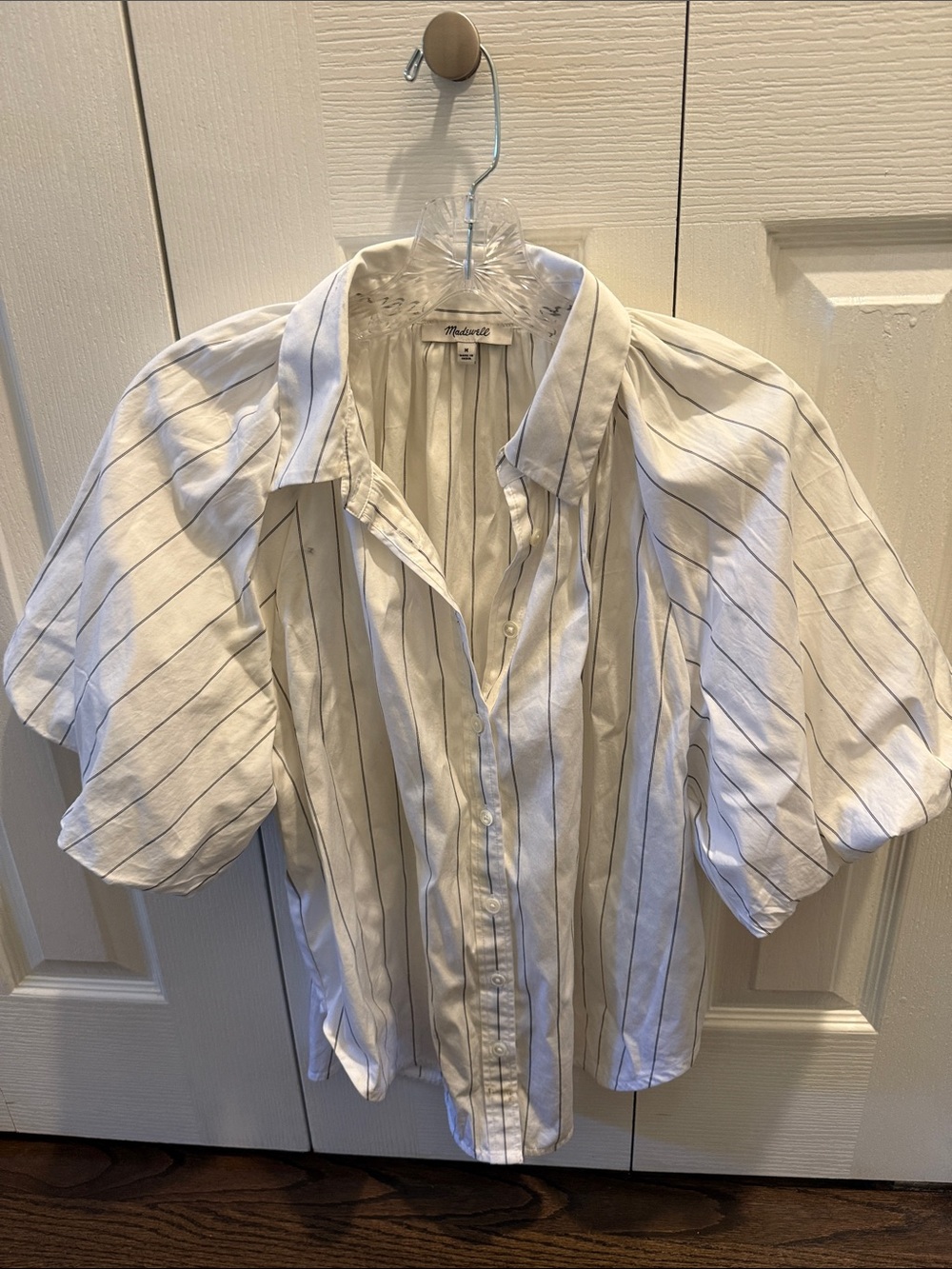 Madewell White Button-Down with Navy Pinstripes and Puff Sleeves